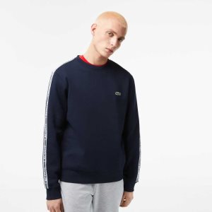 Navy Blue Lacoste Classic Fit Logo Stripe Flannel Sweatshirt | KZDBTQ-374