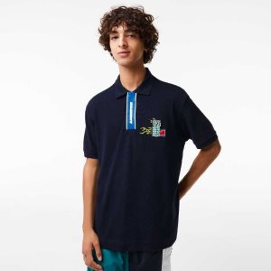 Navy Blue Lacoste Contrast Placket And Crocodile Badge Polo | PNAJXU-423