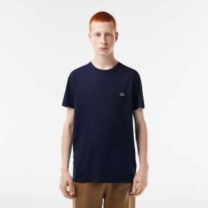 Navy Blue Lacoste Crew Neck Pima Cotton Jersey T-Shirt | XWMPTG-098