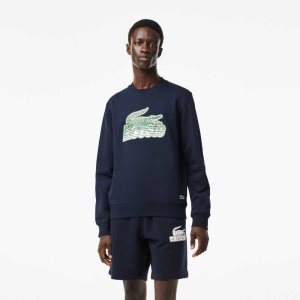 Navy Blue Lacoste Crew Neck Unbrushed Fleece Sweatshirt | ZLWCQJ-526