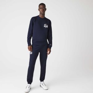 Navy Blue Lacoste Crocodile Branding Cotton Fleece Jogging Pants | ZPVFUK-783