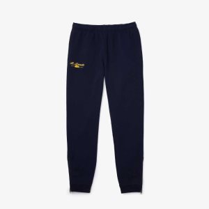 Navy Blue Lacoste Embroidered Signature Cotton Fleece Jogging Pants | LBMCVG-807