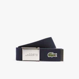 Navy Blue Lacoste Engraved Buckle Woven Fabric Belt | ZATXQS-417