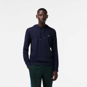 Navy Blue Lacoste Hooded Cotton Jersey Sweatshirt | LOXICU-260