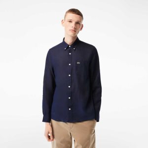 Navy Blue Lacoste Linen Shirt | THWKUC-382