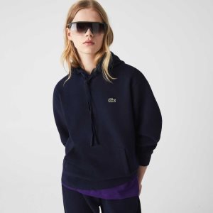 Navy Blue Lacoste Loose Fit Hooded Cotton Blend Sweatshirt | NVTJZB-729