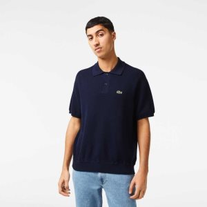 Navy Blue Lacoste Organic Cotton Polo Neck Sweater | LWHAST-723