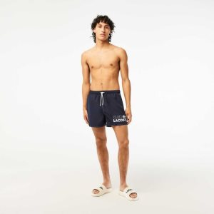 Navy Blue Lacoste Quick-Dry Swim Trunks with Integrated Lining | OKESVN-361