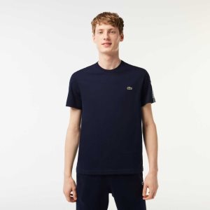 Navy Blue Lacoste Regular Fit Logo Stripe T-Shirt | YZWLRI-376