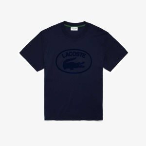 Navy Blue Lacoste Relaxed Fit Branded Cotton T-Shirt | LEFCVS-507