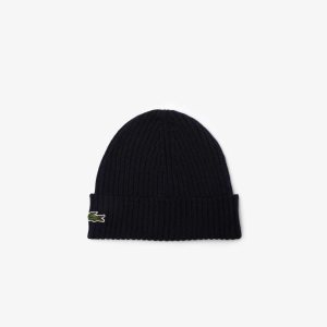 Navy Blue Lacoste Ribbed Wool Beanie | QCNBIP-518