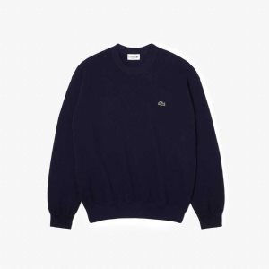 Navy Blue Lacoste Round Neck Organic Cotton Sweater | VNIEAS-493