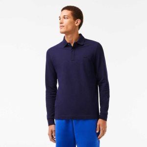 Navy Blue Lacoste Smart Paris long sleeve stretch cotton Polo | BKYLAU-647