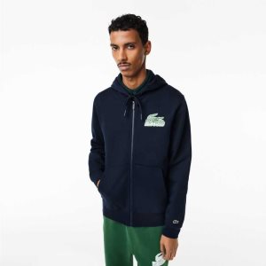 Navy Blue Lacoste Unbrushed Fleece Zipped Hoodie | YLXMZU-543