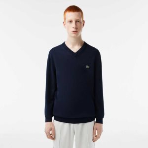 Navy Blue Lacoste V-Neck Organic Cotton Sweater | BMLXPZ-386