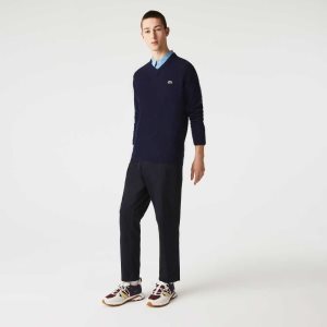 Navy Blue Lacoste V-Neck Wool Sweater | OQKZUC-407