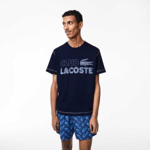 Navy Blue Lacoste Vintage Print Organic Cotton T-Shirt | HDSTUW-910