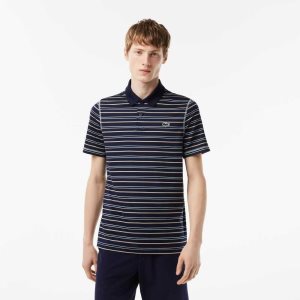 Navy Blue / Light Green / White / Beige Lacoste Golf Recycled Polyester Stripe Polo | GASKMC-638