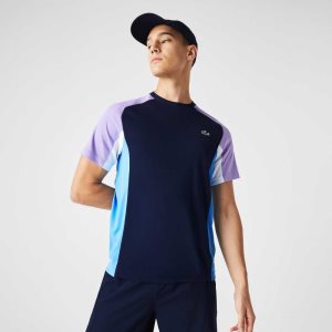 Navy Blue / Purple / White / Blue Lacoste SPORT Color-Block Ultra-Dry Pique Tennis T-Shirt | VCFHST-854