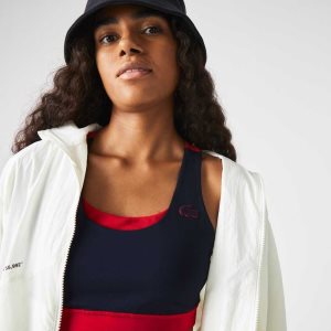 Navy Blue / Red / Green Lacoste SPORT Colorblock Recycled Polyester Sports Bra | DTIXRE-963