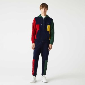 Navy Blue / Red / Green / Yellow Lacoste Colorblock Zippered Fleece Hoodie | AWOKFT-897