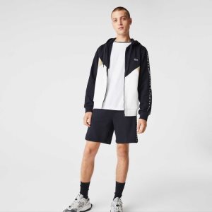 Navy Blue / White / Beige Lacoste Hooded Colorblock Lettered Fleece Zip Sweatshirt | CZTWEL-807