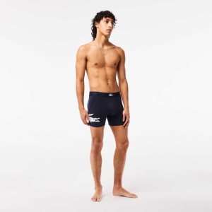 Navy Blue / White / Grey Chine / Navy Blue Lacoste Crocodile Waist Long Stretch Cotton Boxer Brief 3-Pack | NMYXJC-289