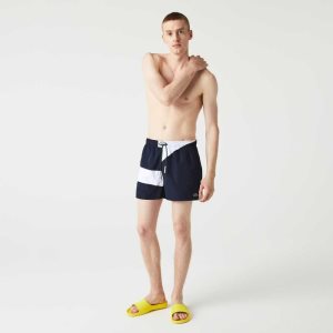 Navy Blue / White Lacoste Heritage Graphic Patch Light Swimming Trunks | WSTREN-041