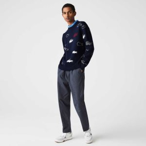 Navy Blue / White Lacoste Made In France Crew Neck Organic Cotton Jacquard Sweater | ZUVLES-987