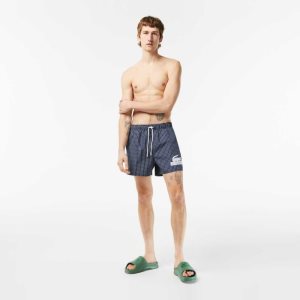 Navy Blue / White Lacoste Recycled Polyester Checked Swim Trunks | EHADTC-807