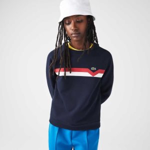 Navy Blue / White / Red Lacoste Made in France Colorblock Organic Cotton Sweater | UMQKBI-459