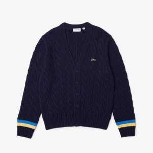 Navy Blue / Yellow / Blue Lacoste Classic Fit Contrast Striped Cardigan | HYISCM-982