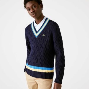 Navy Blue / Yellow / Blue Lacoste Classic Fit Contrast Striped Wool Sweater | ZUQWVS-251