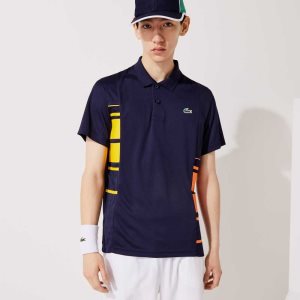 Navy Blue / Yellow / Orange / White Lacoste SPORT Colorblock Pique And Mesh Polo | TDFMPU-812