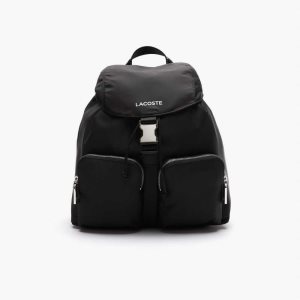 Noir Blanc Lacoste Branded Nylon Flap Backpack | UZNTGF-589
