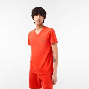 Orange Lacoste V-Neck Pima Cotton Jersey T-Shirt | KSUYGW-803