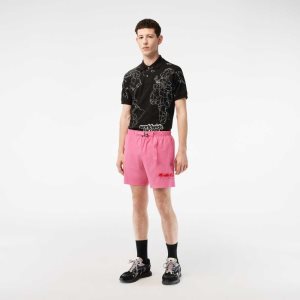 Pink Lacoste Quick-Dry Logo Stripe Swim Trunks | LDQPOZ-930