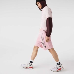 Pink Lacoste Signature Print Cotton Fleece Shorts | UFHCDS-749