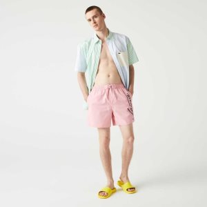 Pink Lacoste Signature Print Light Swimming Trunks | LOVPYE-127