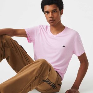 Pink Lacoste V-Neck Pima Cotton Jersey T-Shirt | FVGTDQ-730