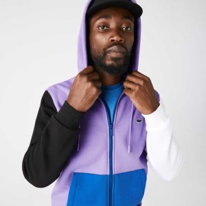 Purple / Black / White / Blue Lacoste Classic Fit Color-Block Hooded Zip Sweatshirt | AFRLDV-352