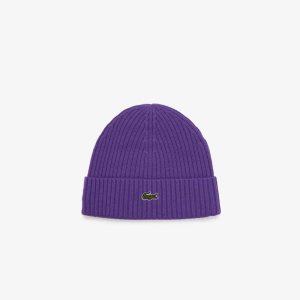 Purple Lacoste Ribbed Wool Beanie | BKLREU-064