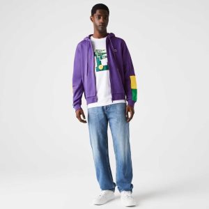 Purple / Yellow / Green Lacoste Hooded Colorblock Fleece Zip Sweatshirt | JLOIZS-960