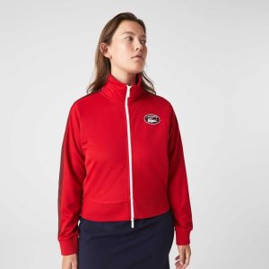 Red Lacoste Badge Pique Zippered Sweatshirt | WMFPHN-018