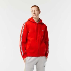 Red Lacoste Classic Fit Zipped Hoodie with Brand Stripes | GWZQBU-981