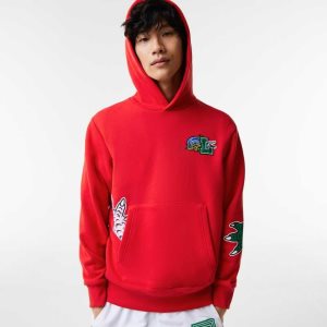 Red Lacoste Comic Effect Print Hooded Sweatshirt | QEPYVN-527