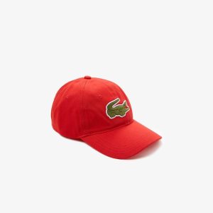 Red Lacoste Contrast Strap And Oversized Crocodile Cotton Cap | JPQBDZ-523