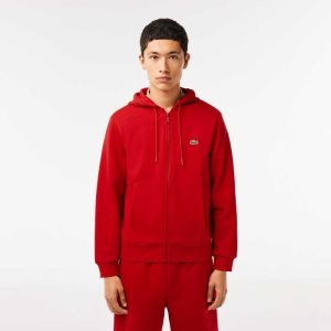 Red Lacoste Kangaroo Pocket Fleece Zipped Sweatshirt | SLDVRA-582