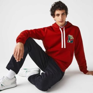 Red Lacoste Pennants L Badge Hooded Cotton Fleece Sweatshirt | VYFOBA-158