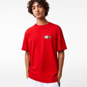 Red Lacoste Relaxed Fit Comic Effect Badge T-Shirt | OZSJUK-819